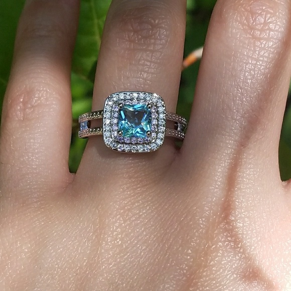 NEW Silver Blue Princess Cut Double Pink Halo Ring - Picture 5 of 5